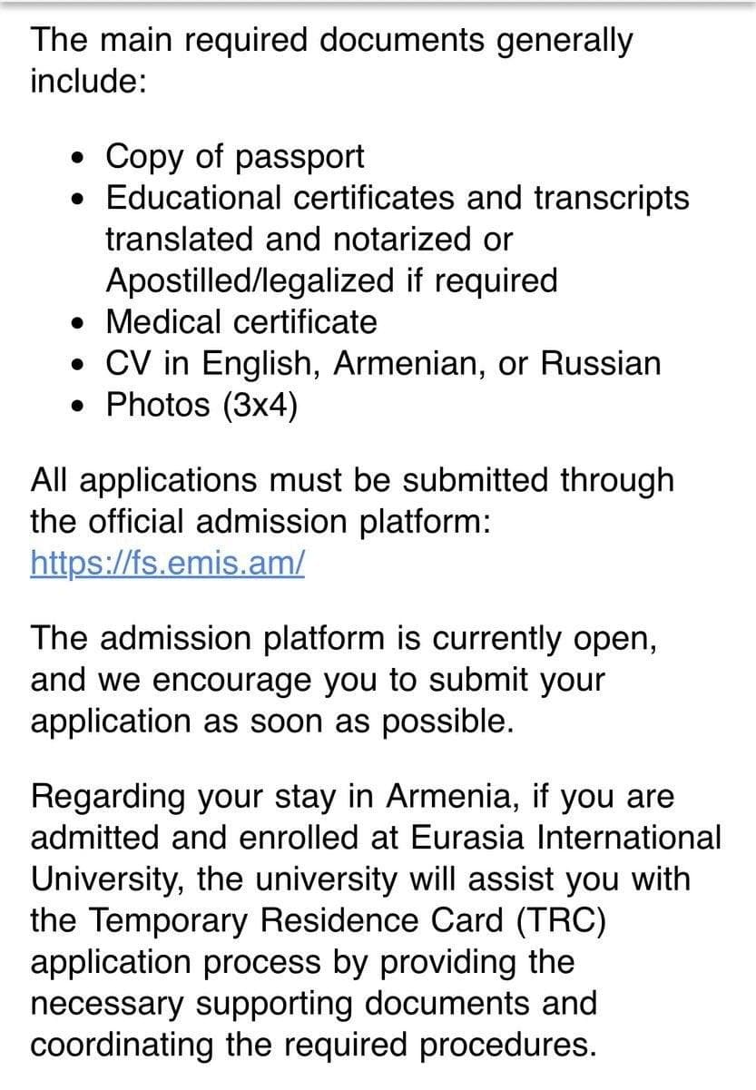ایمیل دانشگاه Eurasia International University درباره مدارک لازم و سامانه رسمی پذیرش